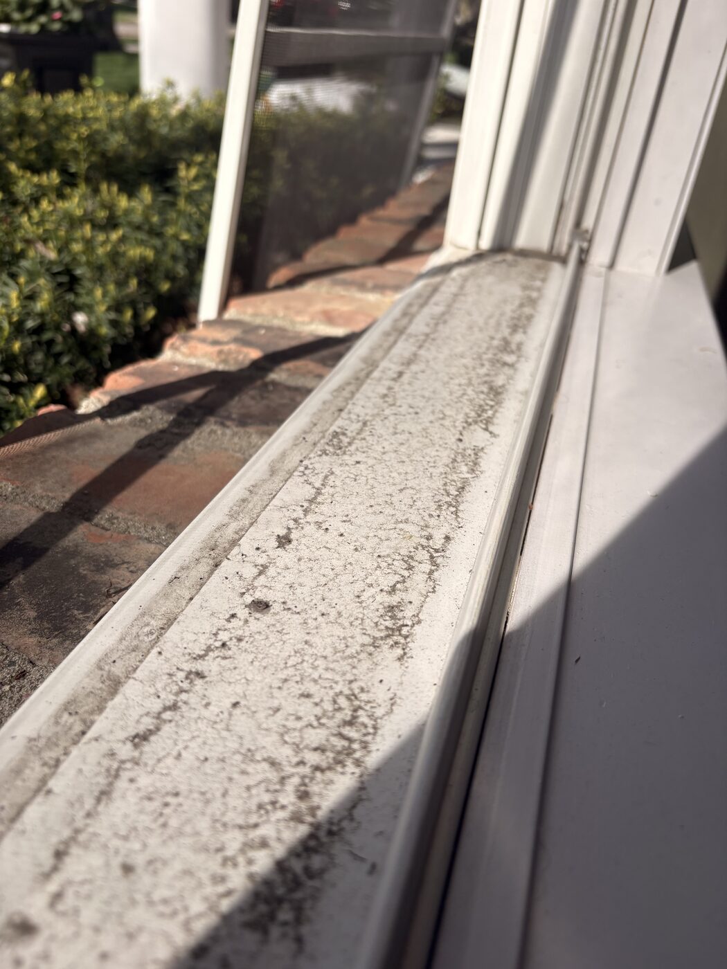 Dirty window sill and track before Jubilee Window Washing cleaning